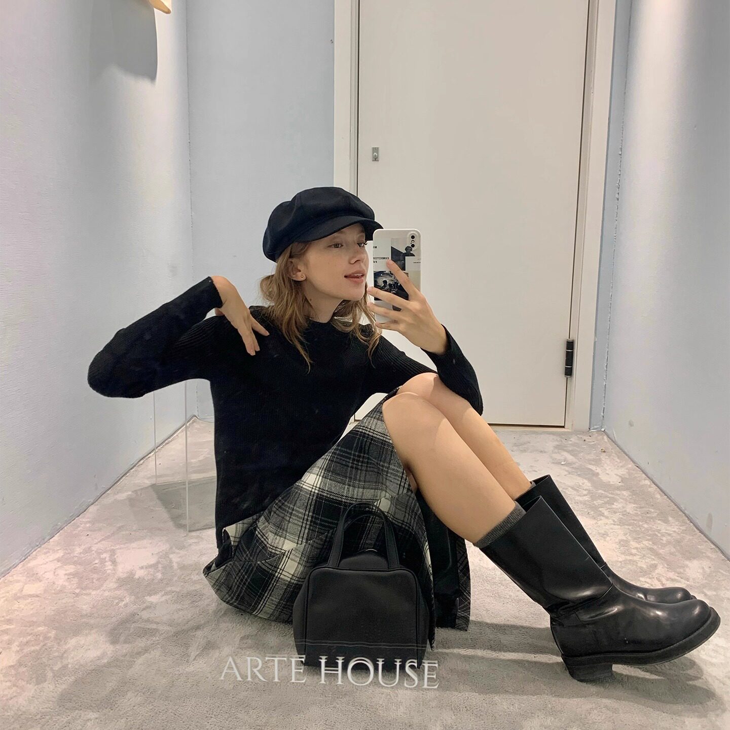 果核宇宙高腰A字渐变格纹半身裙