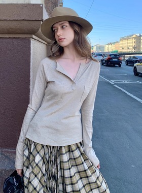 KERNEL COSMOS早秋协奏曲 休闲亨利领慵懒纯色长袖打底衫显瘦上衣