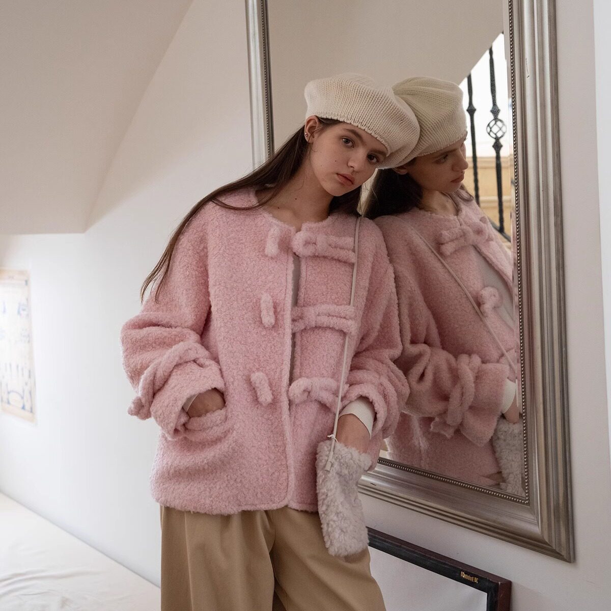 果核宇宙盘扣圈圈呢羊羔毛外套