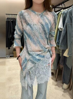 欧韩风蓝晕染网纱透视长袖T恤女