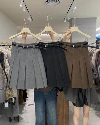 清仓特价款DVZ秋冬设计感百褶通勤纯色显瘦A字裙高腰百搭半身裙女