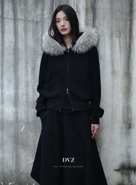 DVZ高品质2025冬季时尚休闲连帽毛毛拼接加绒卫衣保暖外套女上衣1