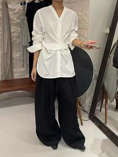 清仓特价DVZ设计感V领绑带天丝麻长袖衬衫高品质不规则上衣女潮1