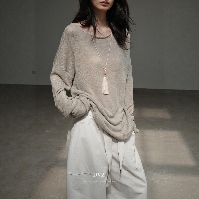 DVZ欧韩极简风慵懒百搭长袖圆领针织衫轻薄微透100亚麻防晒罩衫潮
