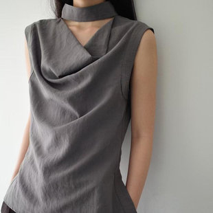 DVZ2025夏季新款韩版荡领氛围感气质无袖上衣不规则设计款背心女1