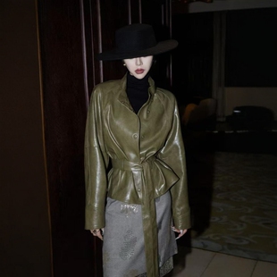 高品质欧韩风春季 系带收腰显瘦小个子外套 黑色立领机车皮衣女短款