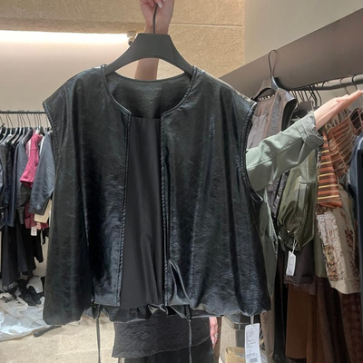 欧洲站2025秋季时尚百搭圆领宽松无袖皮衣马甲女百搭显瘦上衣外套