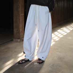 DVZ欧韩慵懒风白色阔腿裤女高腰直筒工装裤宽松抽绳休闲长裤子潮1