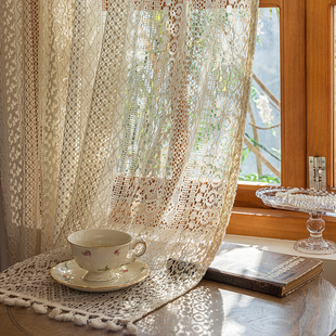 乡村美式复古蕾丝窗帘纱帘隔断帘门帘客厅飘窗帘免打孔魔术贴穿杆