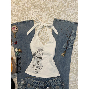 无袖 2025年新款 上衣潮 原创白色玫瑰印花挂脖吊带女夏季 轻亚少女