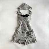 超火两件套裙裤 轻亚少女 原创灰色连帽吊带背心t恤女早秋2025新款