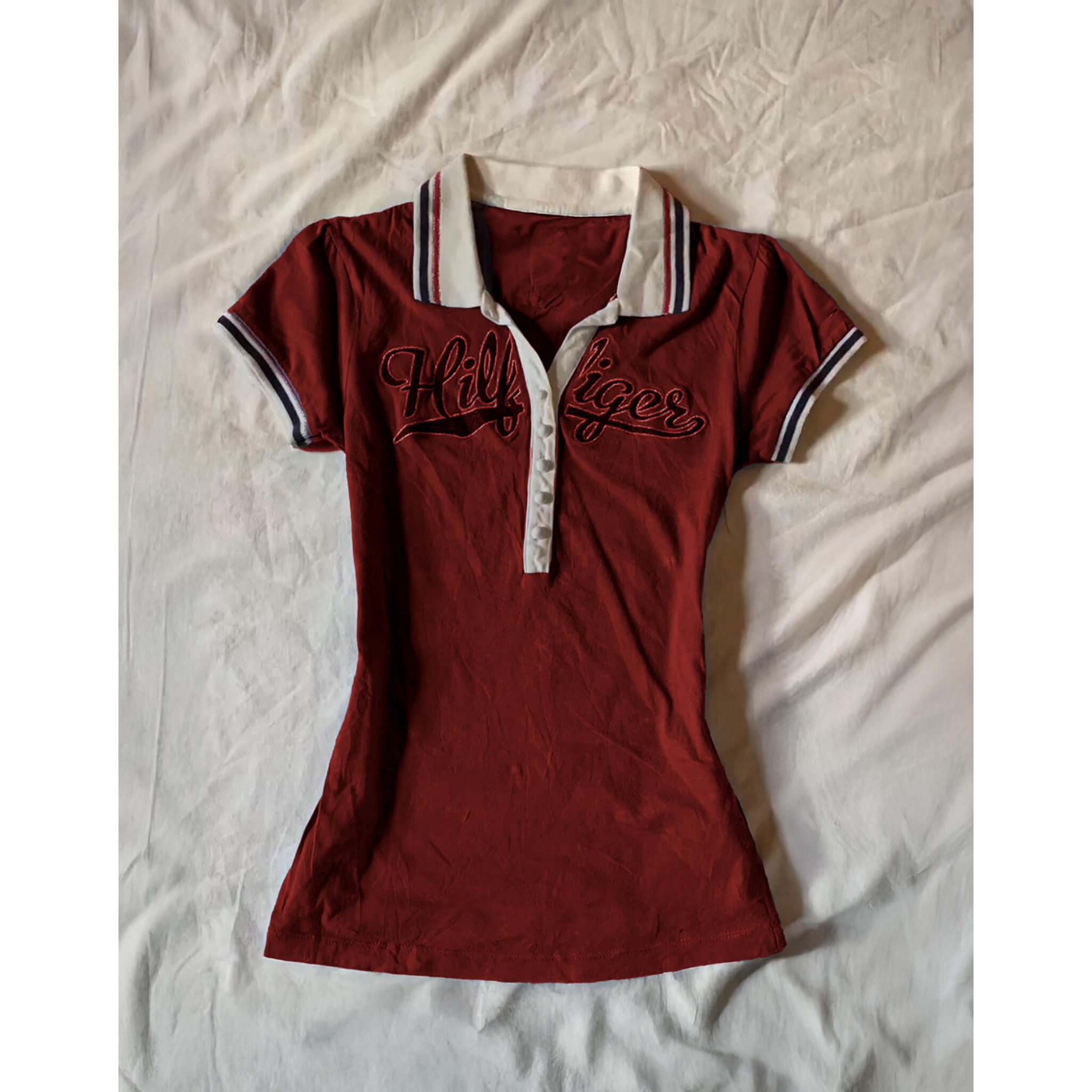 涂涂和阿冉 原创复古红色字母短袖T恤女收腰设计感小众POLO衫上衣