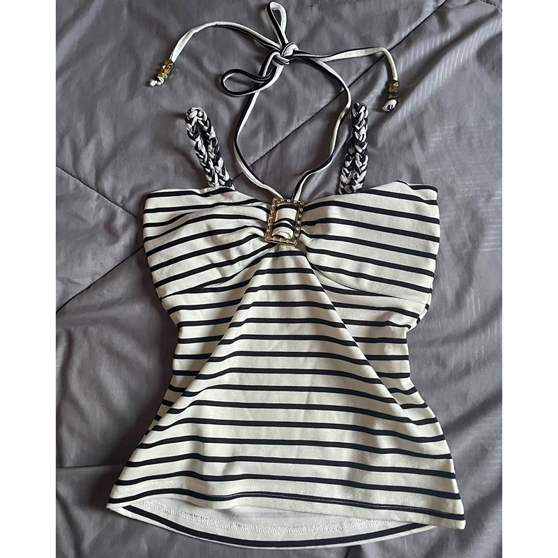 轻亚少女 原创条纹挂脖吊带背心女夏vintage古着穿搭美式复古上衣