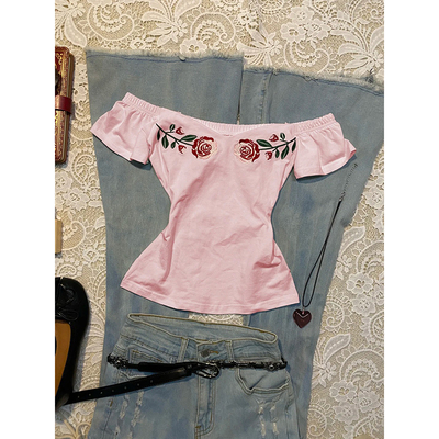 轻亚少女 原创复古浪漫玫瑰刺绣短袖T恤女夏设计感小众一字肩上衣