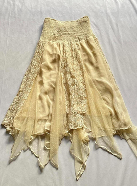 轻亚少女 原创黄色不规则蕾丝拼接半身裙子女夏季vintage古着穿搭