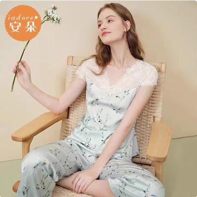 安莉芳-安朵清新文艺性感蕾丝V领女士家居服套装印花睡衣HL00115