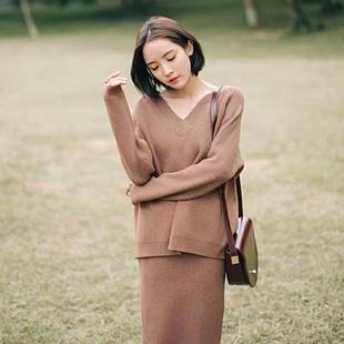 针织套裙女 套装 亏本清仓不设退换 半身包臀裙时尚 V领针织套头