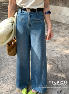 TOP 欧制-调晕染结构线侧缝设计十分筒裤牛仔裤(配腰带)82566兰色