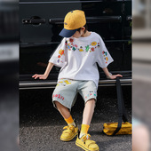 短袖 2025新款 熊猫圆圆儿童牛仔短裤 套装 趣味印花男童夏季