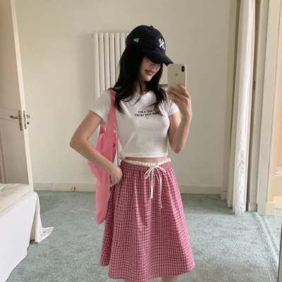 文文SKIRT-26夏上新休闲百搭细格纹抽绳腰头宽松半身裙3815