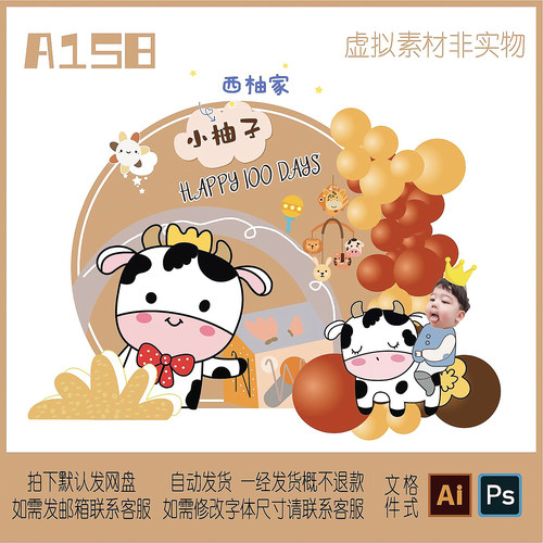 158牛年卡通动物长颈鹿风铃牛宝宝周岁生日宴kt板背景布置ps素材