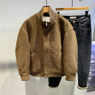 冬季新款羊羔毛呢短款羽绒服外套美式休闲绵羊毛90白鸭绒夹克保暖