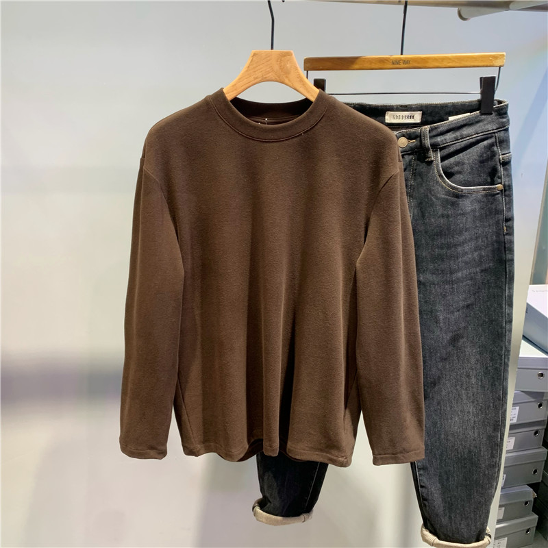 冬季新款加绒加厚纯色羊毛混纺圆领长袖T恤男韩版修身弹力打底衫