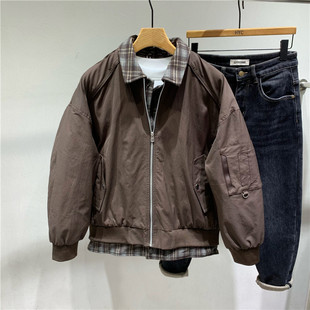 痞帅防寒工装 冬季 假两件翻领羽绒服男日系时尚 拼接衬衫 羽绒衣 新款