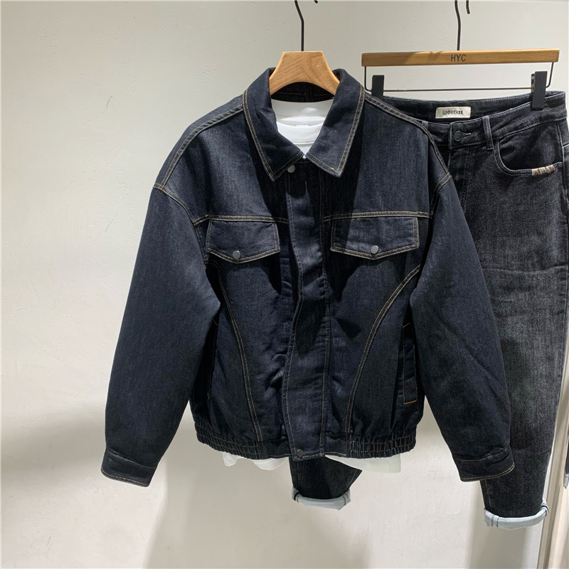 秋冬新款明线拼接夹棉翻领牛仔外套韩版时尚短款宽松保暖棉服外套