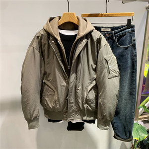 潮牌假两件工装连帽羽绒服冬季美式休闲宽松短款高品质防寒羽绒男