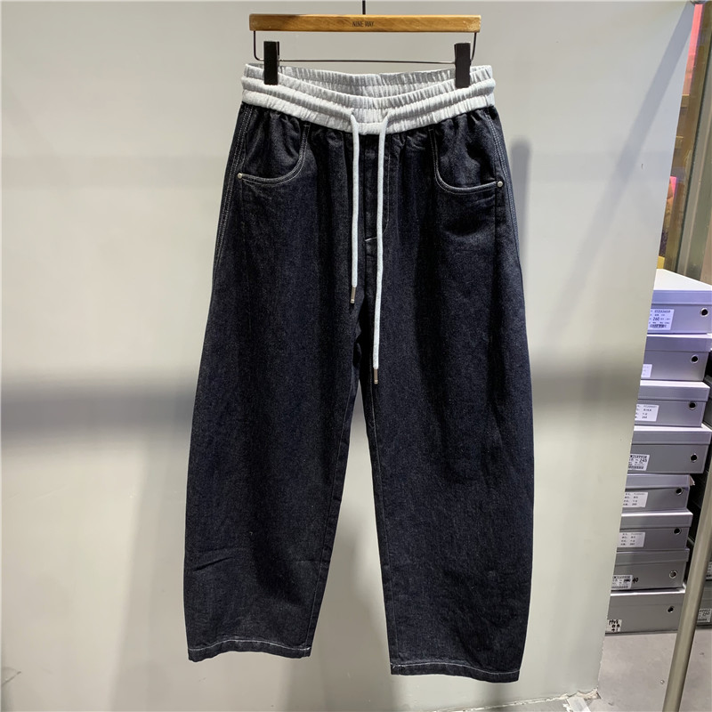 拼接松紧腰直筒牛仔裤男