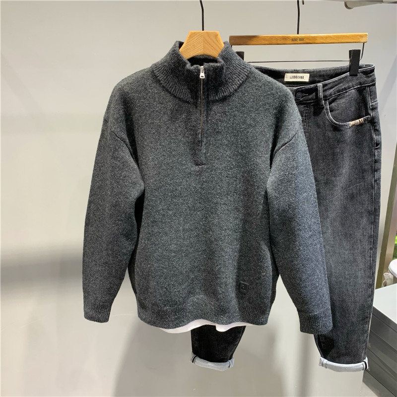 半拉链黑色毛衣针织衫