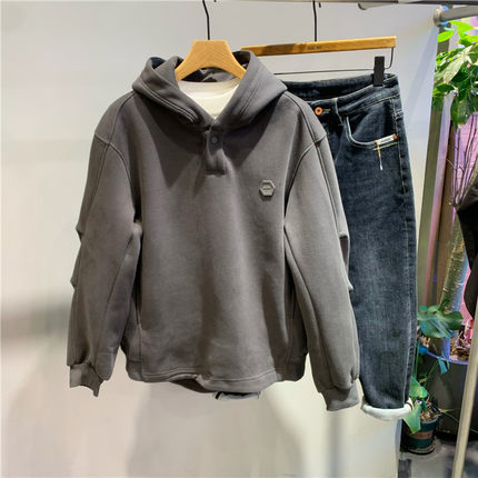 秋冬新款宽松廓形帽衫加绒卫衣美式潮牌设计感简约连帽外套休闲男