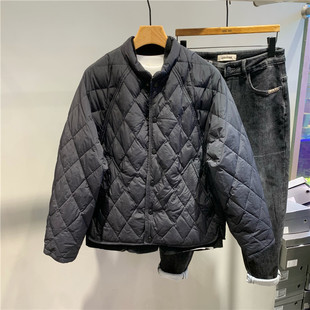 冬季男纯色菱形格轻便羽绒服潮流日系时尚双层领廓形轻薄羽绒外套