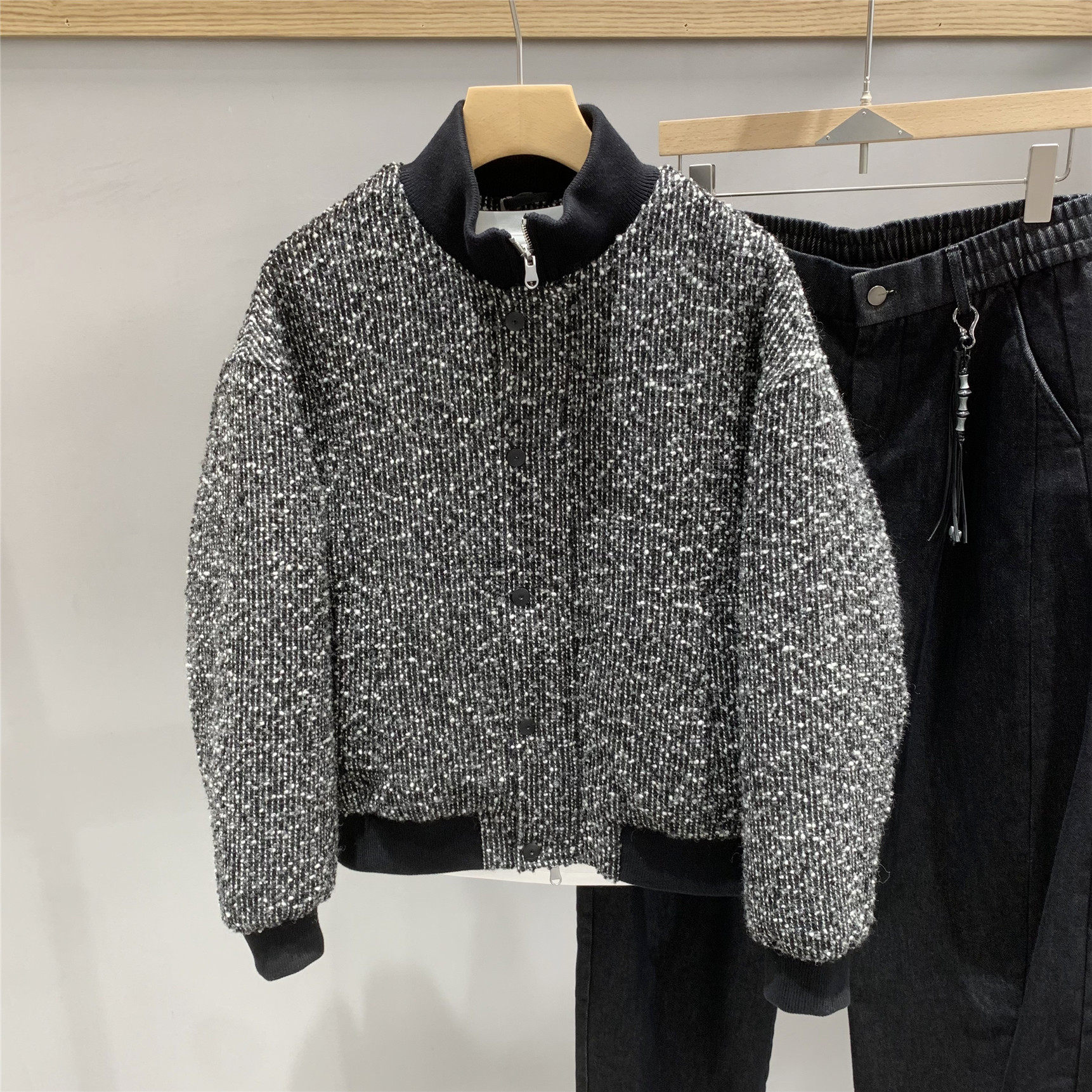 2026冬季新款羊毛呢立领羽绒服男士复古拼接短款松弛时尚羽绒外套