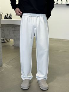 新款 青年加绒阔腿长裤 简约纯色松紧腰抽绳直筒休闲裤 时尚 韩版 冬季