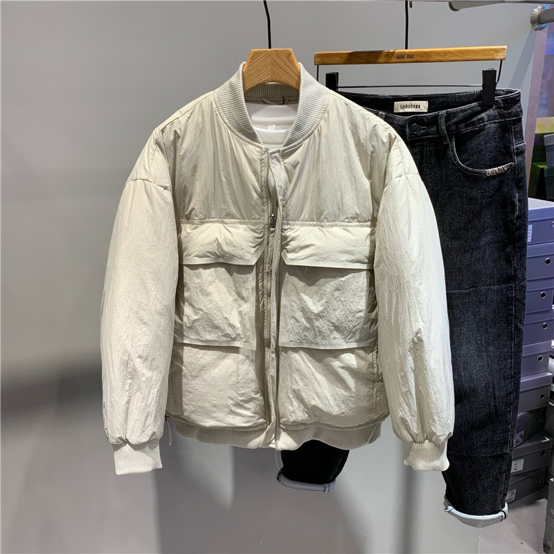 棒球领纯色羽绒服外套工装羽绒