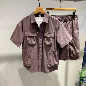 潮流时尚多口袋时尚工装套装夏季男美式高街痞帅短袖衬衫短两件套