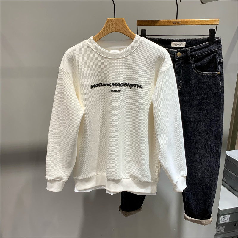 假两件拼接加绒套头卫衣男