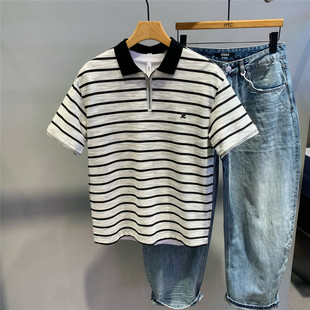 山形夏季条纹撞色半拉链翻领短袖polo衫韩版时尚宽松休闲男士T恤