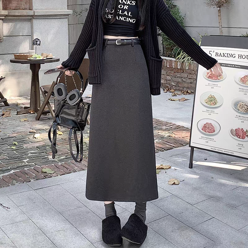 加厚毛呢西装半身裙女秋冬款高腰显瘦垂感后a字一步包臀长裙