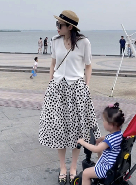 2025春夏新款爱心印花拼接伞裙半身裙半袖冰丝针织衫套装裙两件套