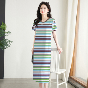 2026新款女装夏季条纹圆领短袖长裙薄款宽松遮肚减龄长款连衣裙女