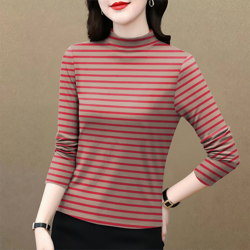 2026春秋条纹长袖T恤女半高领宽松显瘦遮肉打底百搭女上衣新款