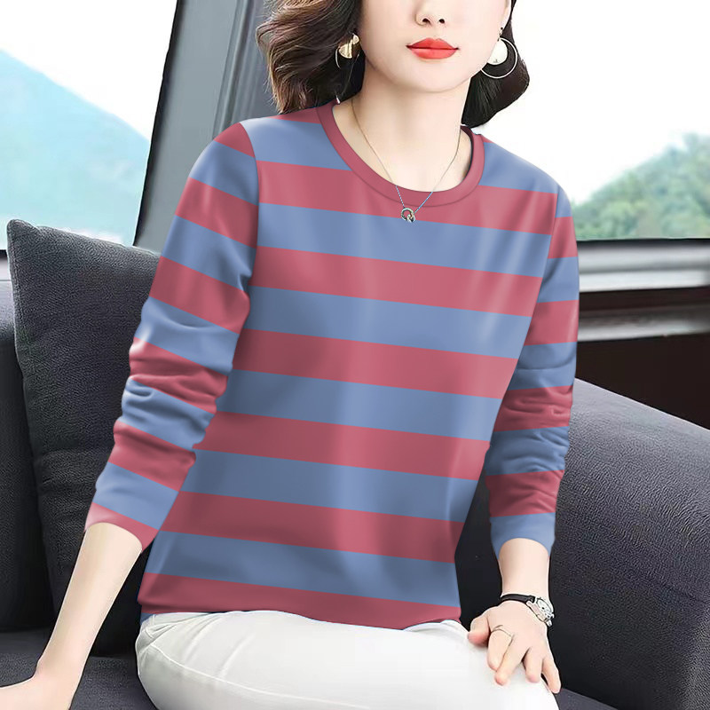 上新~女装新款夏季薄款圆领打底条纹长袖宽松显瘦遮肚T恤女上衣潮