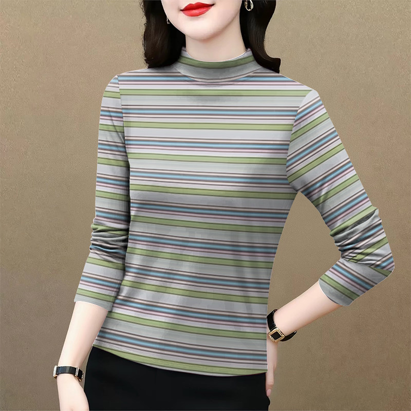 上新~2026女装新款春秋薄款半高领打底条纹长袖宽松显瘦T恤女上衣