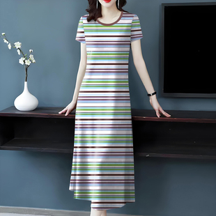 2026新款女装夏季条纹圆领短袖长裙薄款宽松遮肚减龄长款连衣裙女