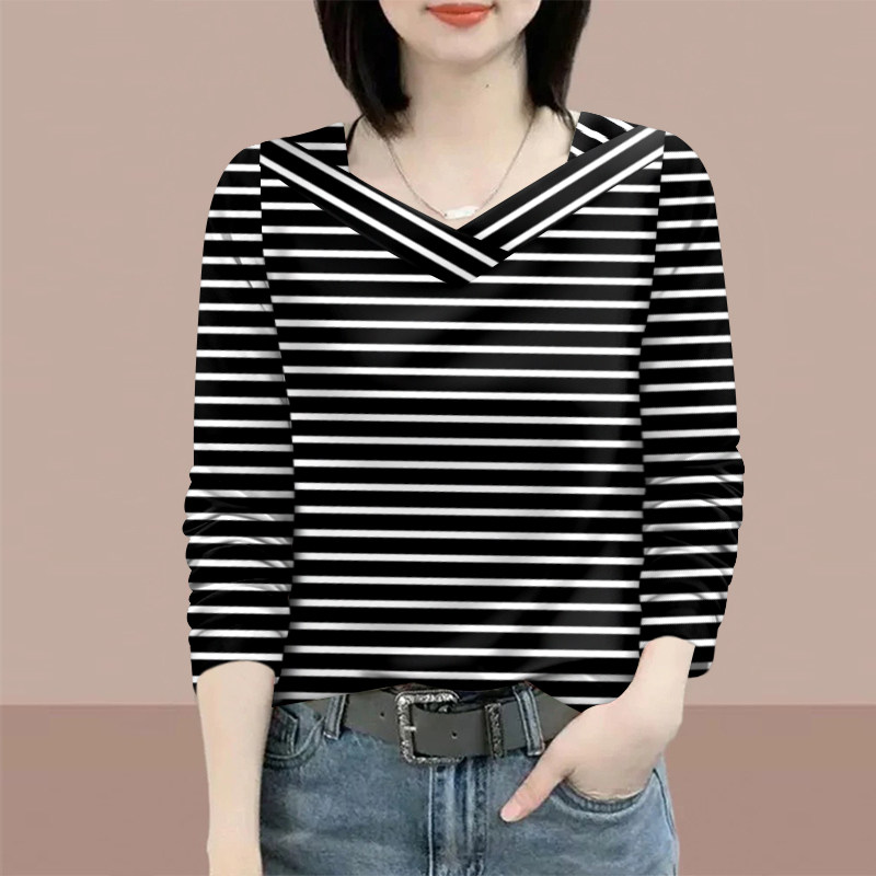 上新~复古条纹长袖t恤女新款宽松显瘦体恤打底休闲正肩v领上衣女,女装/女士精品,T恤,淘宝优惠券,粉丝福利购,淘宝优惠卷