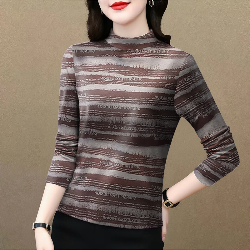 上新~2026女装新款春秋薄款半高领打底条纹长袖宽松显瘦T恤女上衣