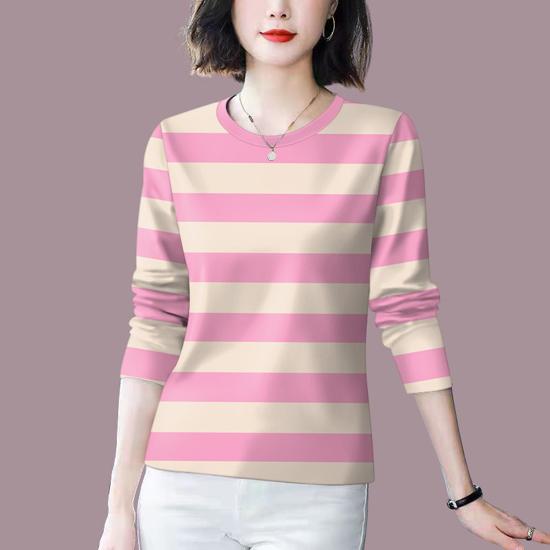 上新~2026女装新款春秋圆领打底条纹长袖宽松显瘦遮肚T恤女上衣潮